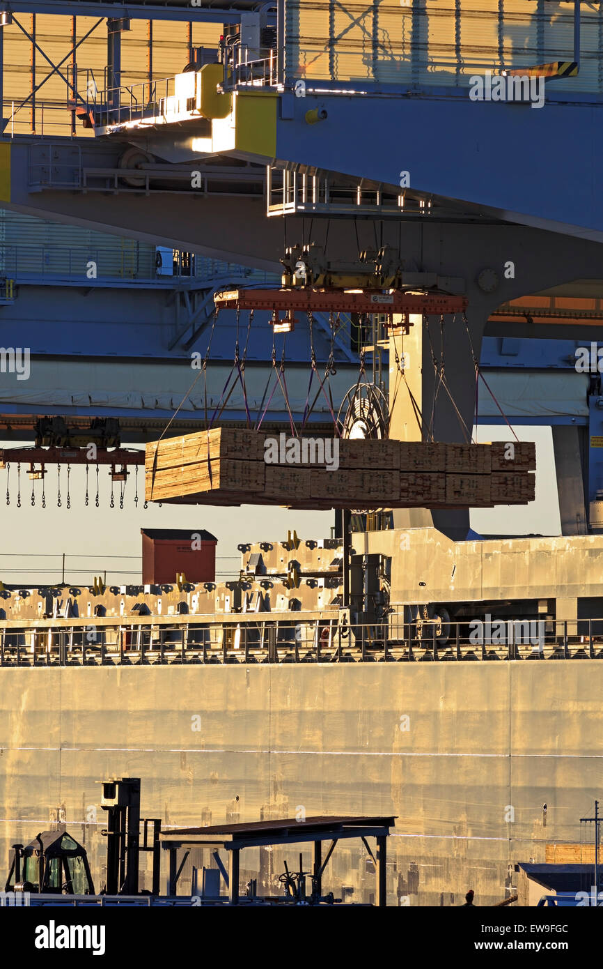 Freighter essendo caricato con legname, duca Point Wharf, Nanaimo, Isola di Vancouver, British Columbia Foto Stock