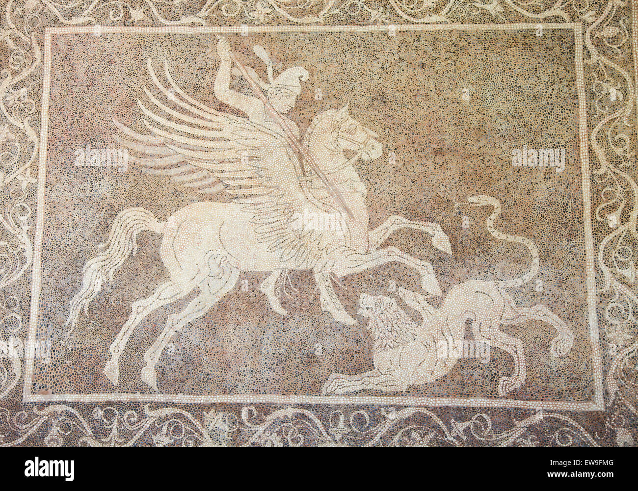 Mosaico di un cavaliere che combatte contro un leone al Museo Archeologico sull' isola di Rodi, Grecia Foto Stock
