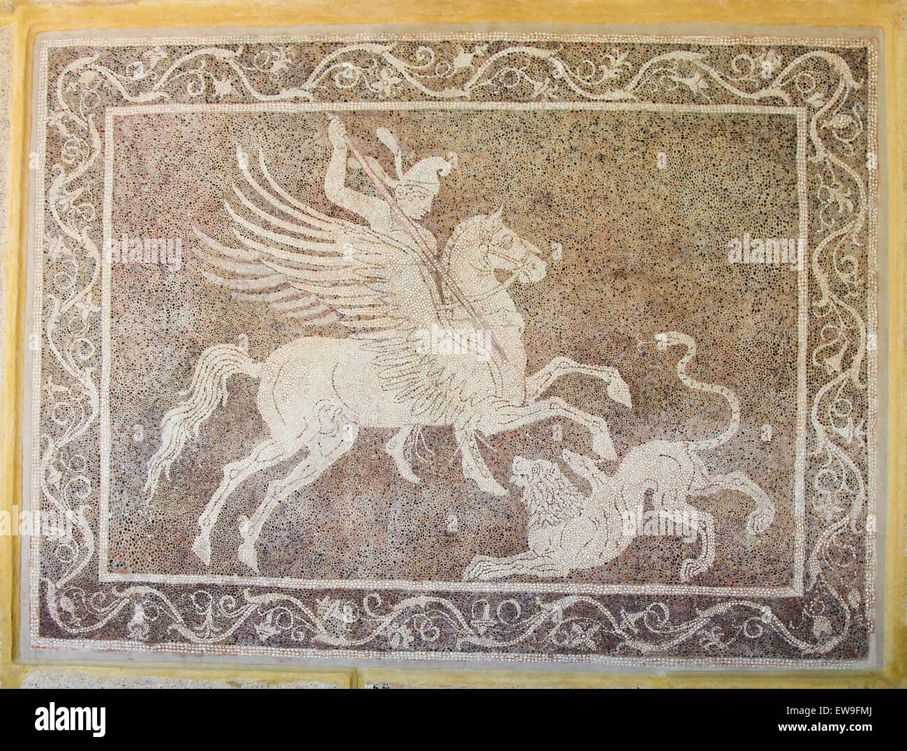 Mosaico di un cavaliere che combatte contro un leone al Museo Archeologico sull' isola di Rodi, Grecia Foto Stock