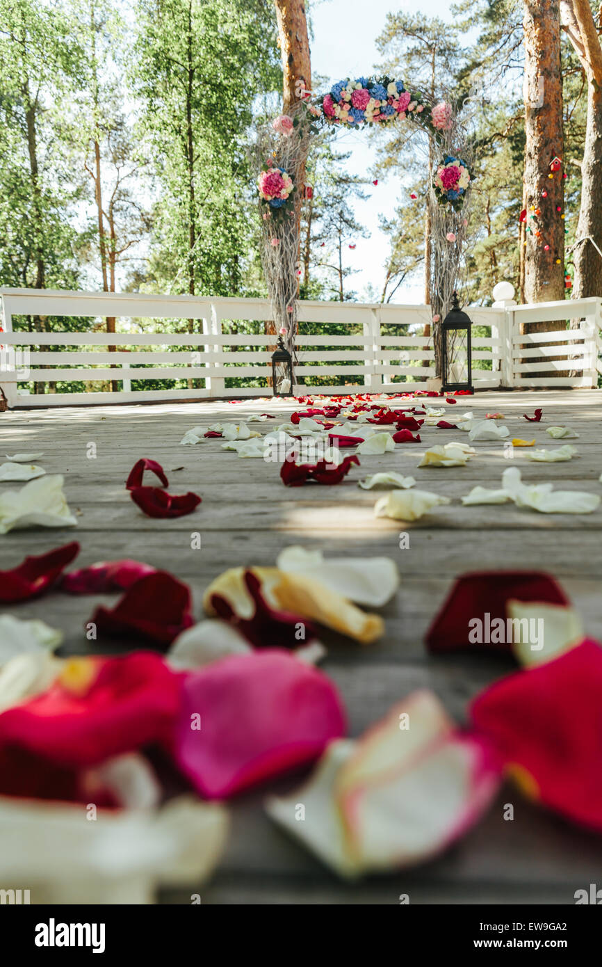 Bella strada con petali di rosa per un matrimonio Foto stock - Alamy