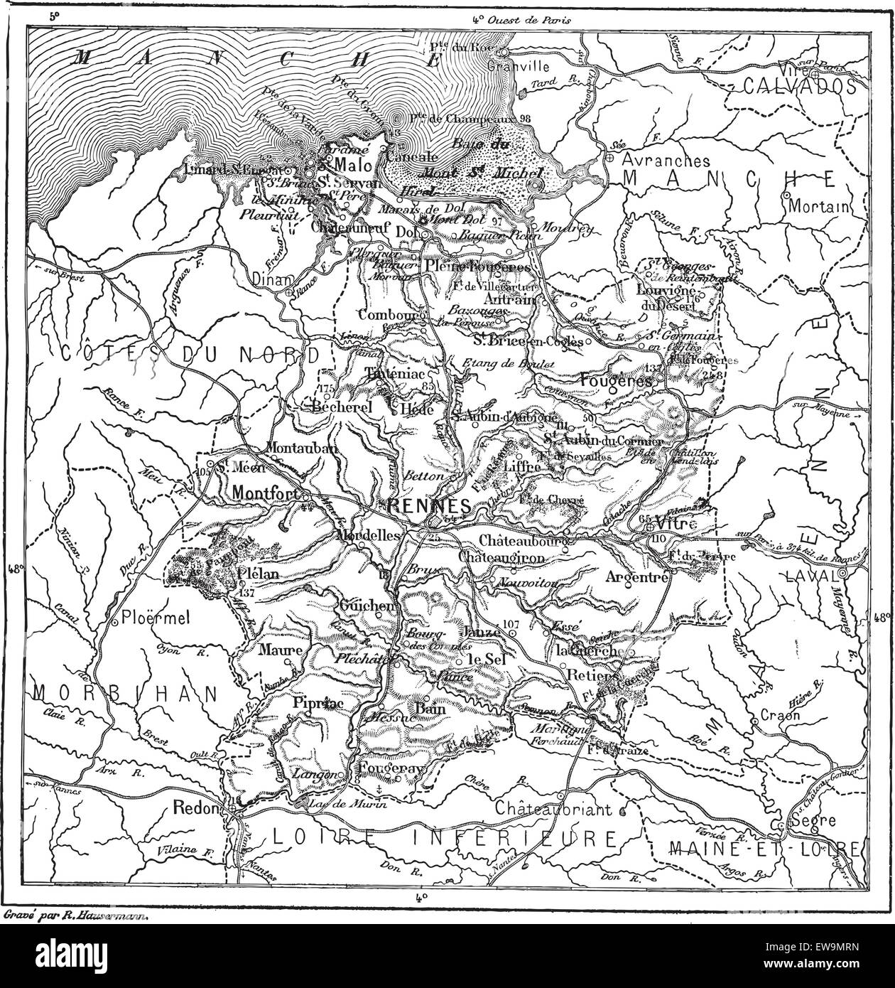 Vecchie illustrazioni incise della mappa di Ille-et-Vilaine. Dizionario di parole e le cose - Larive e Fleury ? 1895 Illustrazione Vettoriale