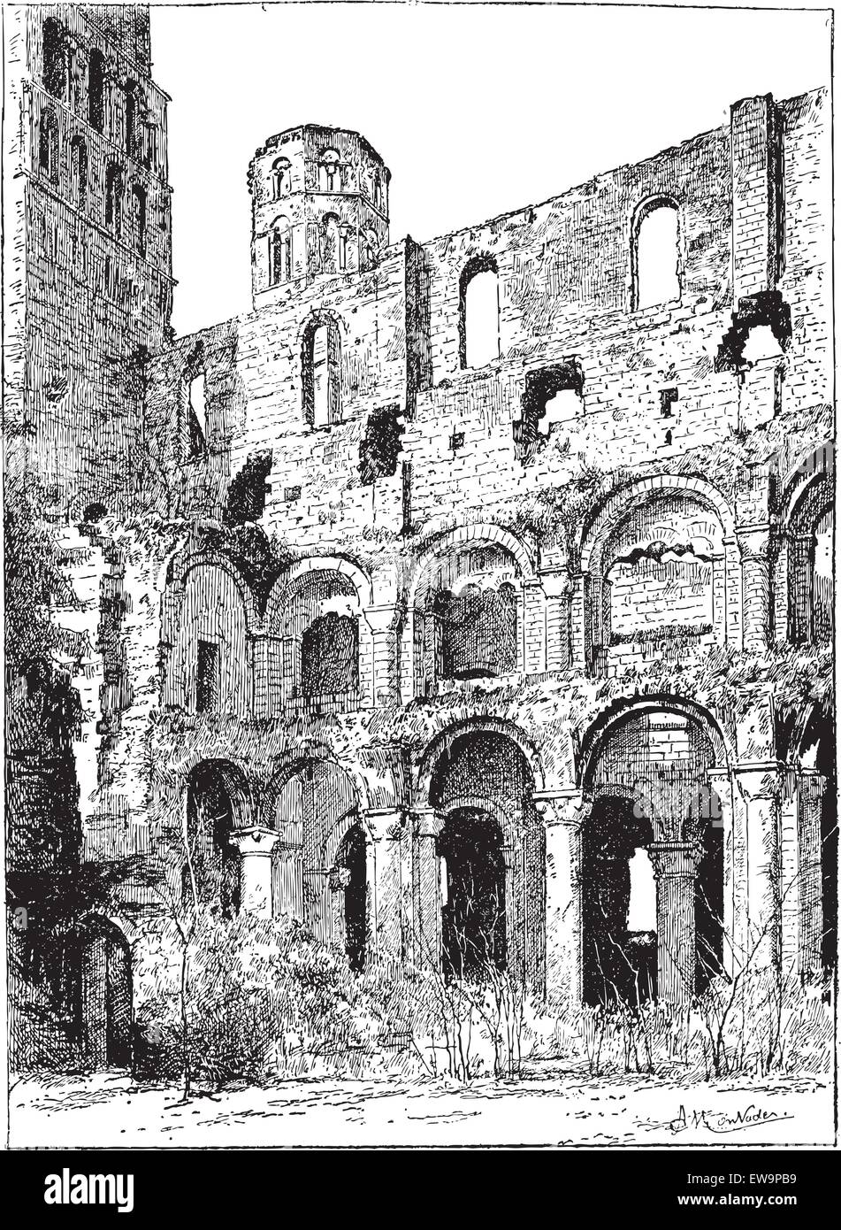 Rovine dell'Abbazia di Jumieges, vintage illustrazioni incise. Dizionario di parole e le cose - Larive e Fleury - 1895. Illustrazione Vettoriale