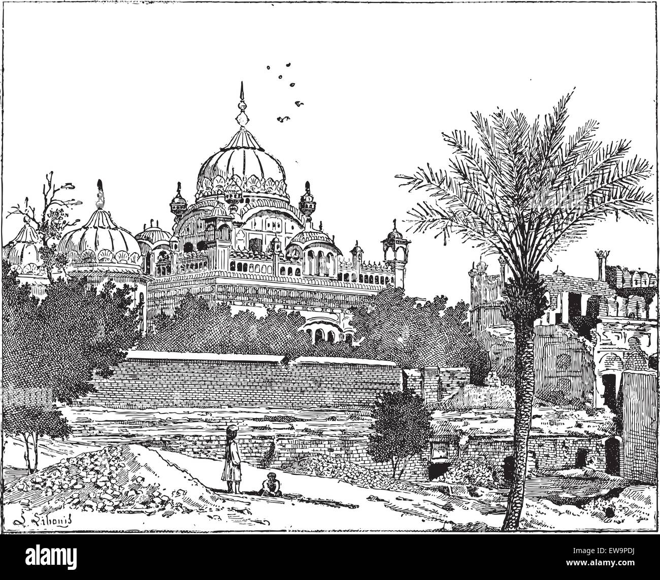 Mausoleo di Ranjit Singh, Lahore, Pakistan, vintage illustrazioni incise. Dizionario di parole e le cose - Larive e Fleury - Illustrazione Vettoriale