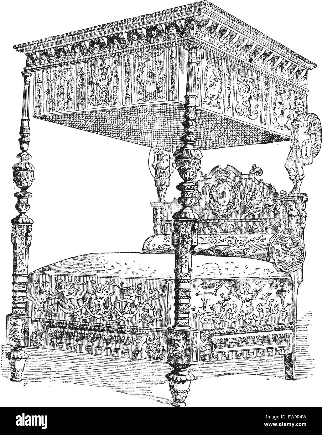 Xvi secolo Bed presso il Museo Nazionale del Medioevo di Parigi, Francia, vintage illustrazioni incise. Dizionario di parole Illustrazione Vettoriale