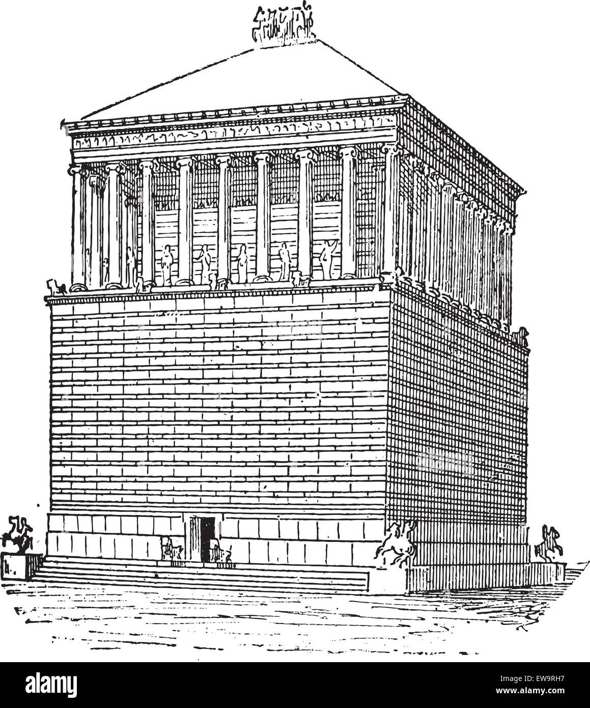 Tomba di Mausolus o Mausoleo di Alicarnasso, a bodrum, Turchia, durante il IV secolo, vintage illustrazioni incise. Dictio Illustrazione Vettoriale