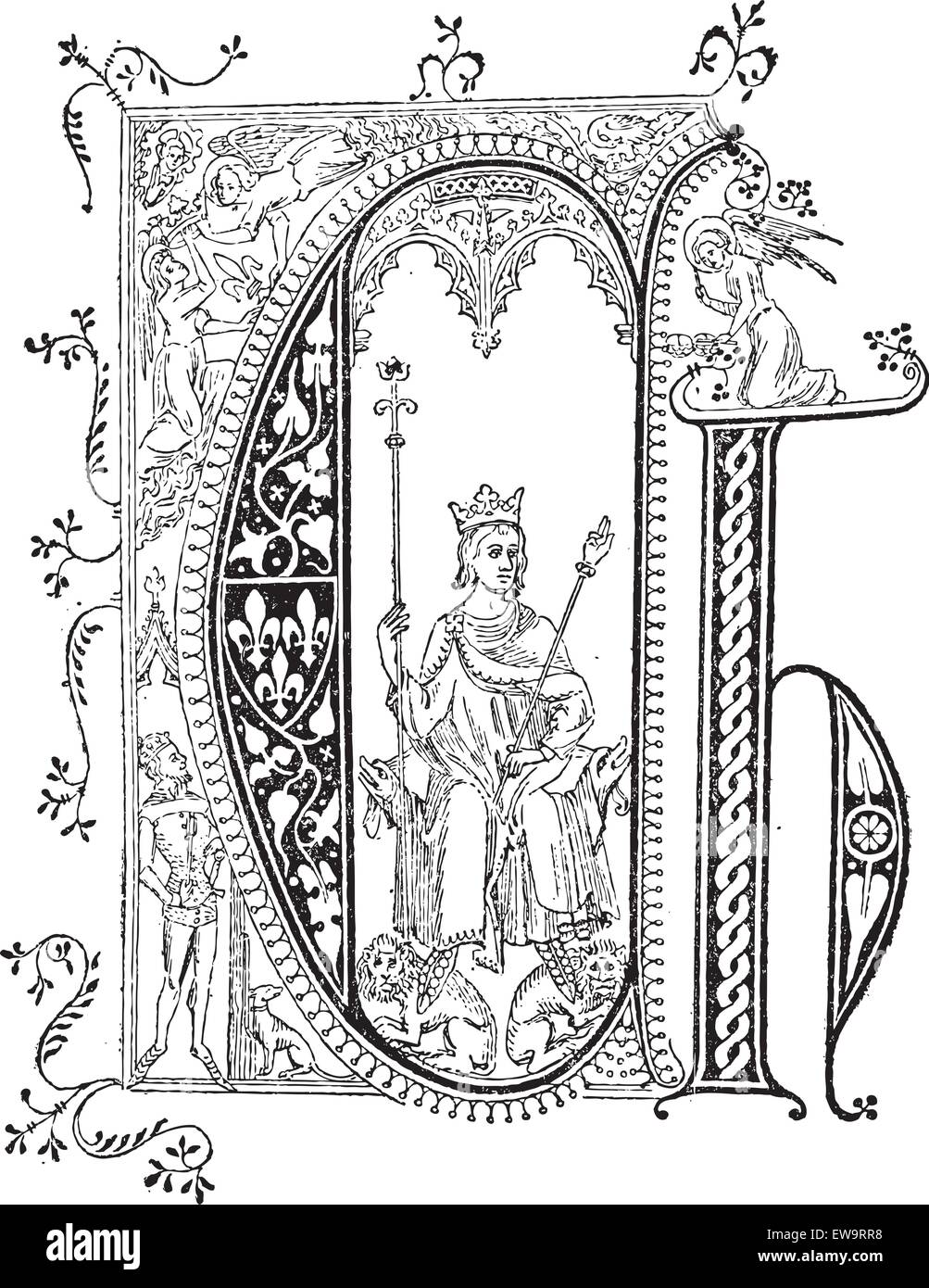 Miniatura, su una carta, nel 1364, presso l'Hotel San Paolo, la Residenza Reale di Re Carlo V di Francia, vintage illustr inciso Illustrazione Vettoriale