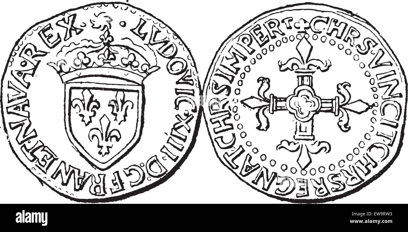 Valuta moneta, durante la regola di Luigi XIII di Francia, vintage illustrazioni incise. Dizionario di parole e le cose - Larive un Illustrazione Vettoriale