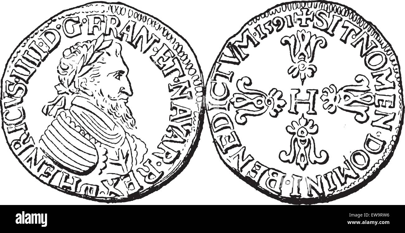 Valuta moneta, durante la regola di Enrico IV di Francia, vintage illustrazioni incise. Dizionario di parole e le cose - Larive e Illustrazione Vettoriale