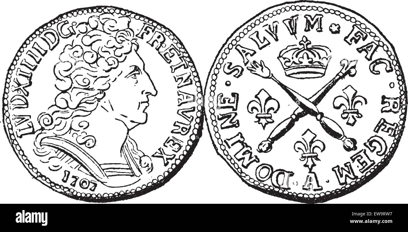 Valuta moneta, durante la regola di Luigi XIV di Francia, vintage illustrazioni incise. Dizionario di parole e le cose - Larive un Illustrazione Vettoriale