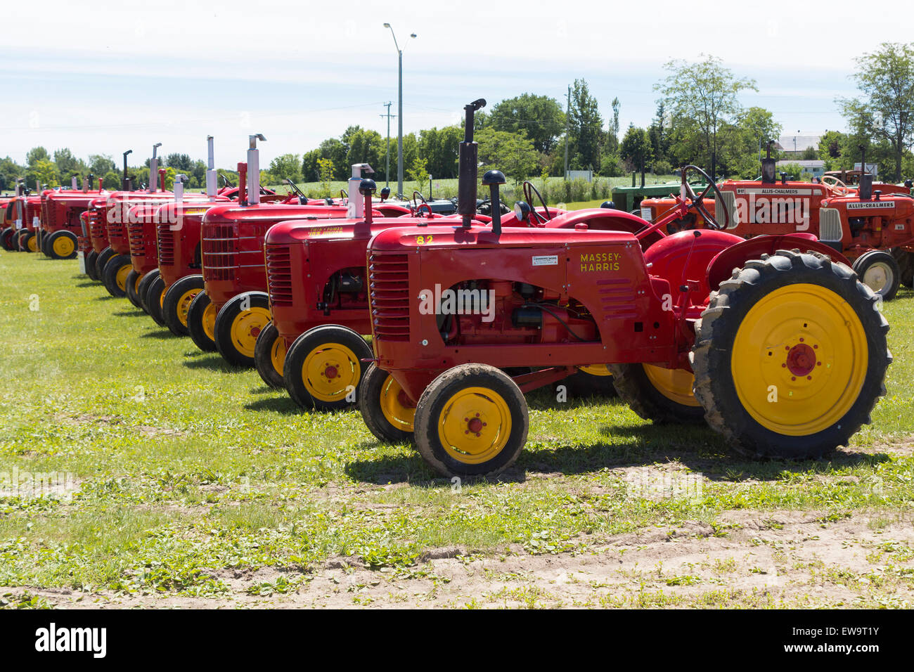 Fila di Massey Harris Trattori a potenza antichi mostrano in Lindsay, Ontario Foto Stock