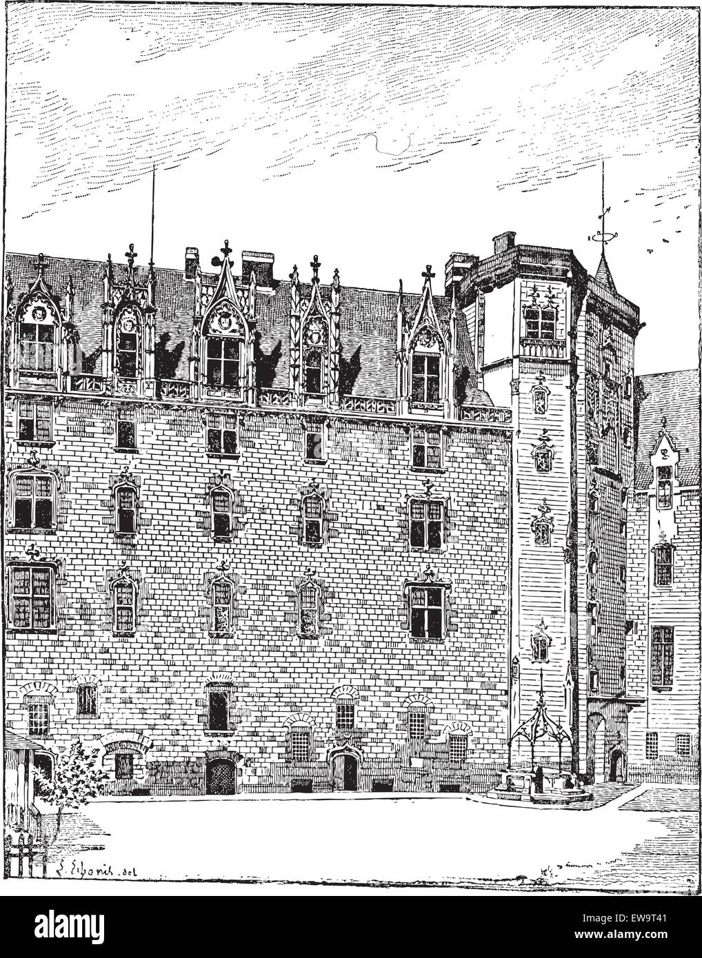 Castello dei Duchi di Bretagna, Nantes, Pays de la Loire, Francia, che mostra la vista dal cortile, mostrando la casa tradizionale, v Illustrazione Vettoriale
