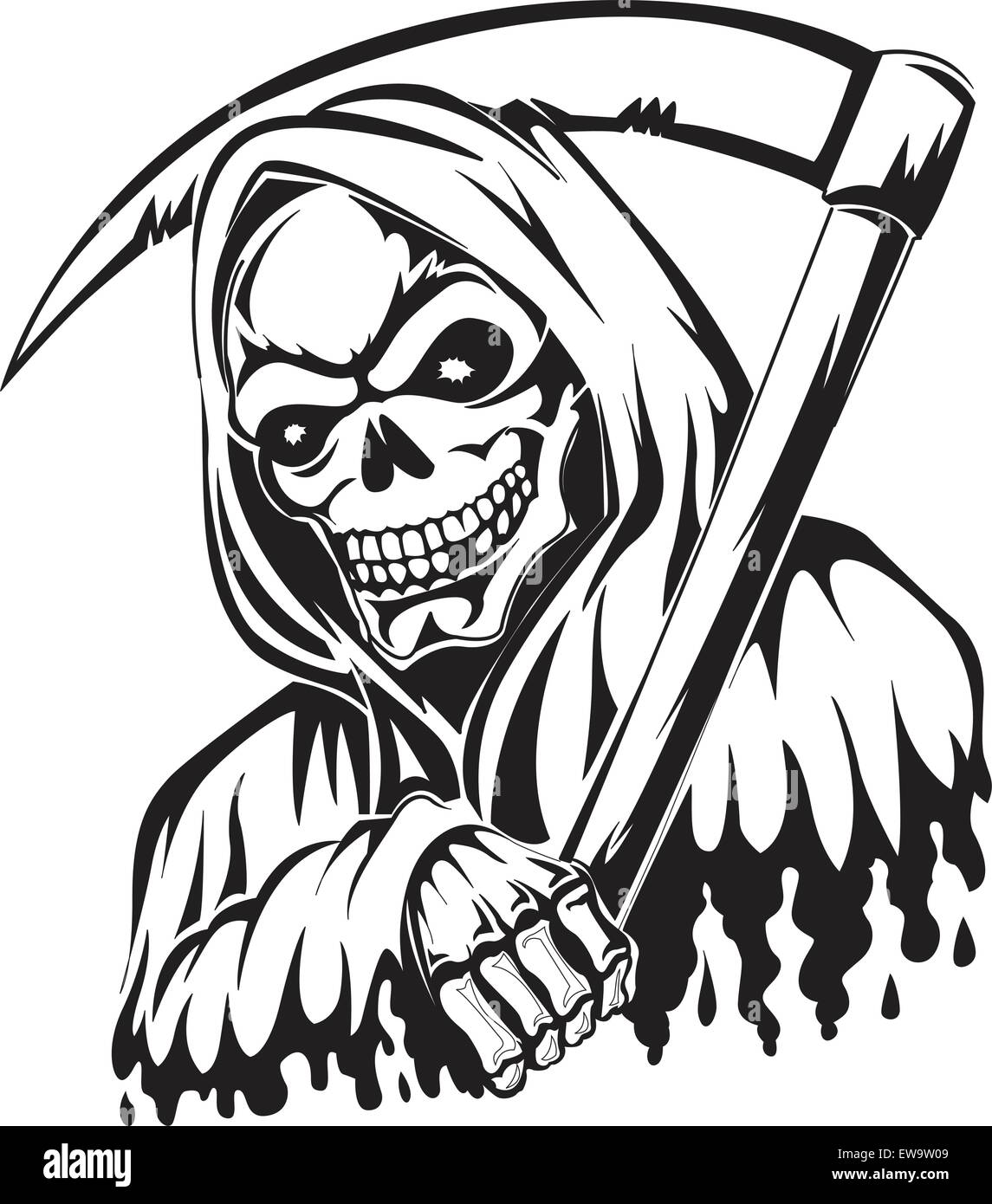 Il design del tatuaggio di Grim Reaper tenendo una falce, vintage illustrazioni incise. Illustrazione Vettoriale