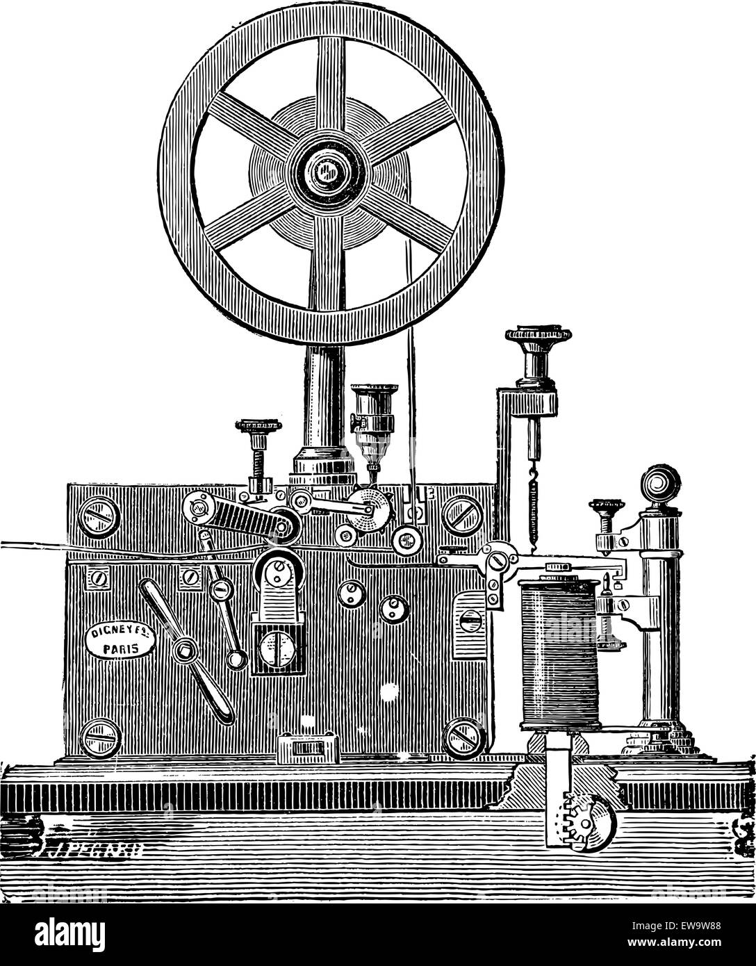 La stampa di telegrafo elettrico ricevitore, vintage illustrazioni incise. Enciclopedia industriale - E.O. Lami - 1875 Illustrazione Vettoriale