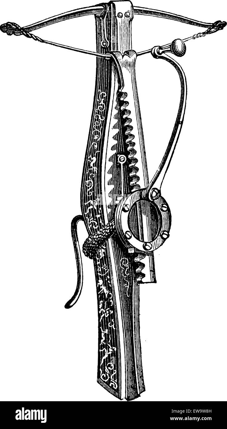 Cranequin, un tipo di balestra, vintage illustrazioni incise. Enciclopedia industriale - E.O. Lami - 1875 Illustrazione Vettoriale