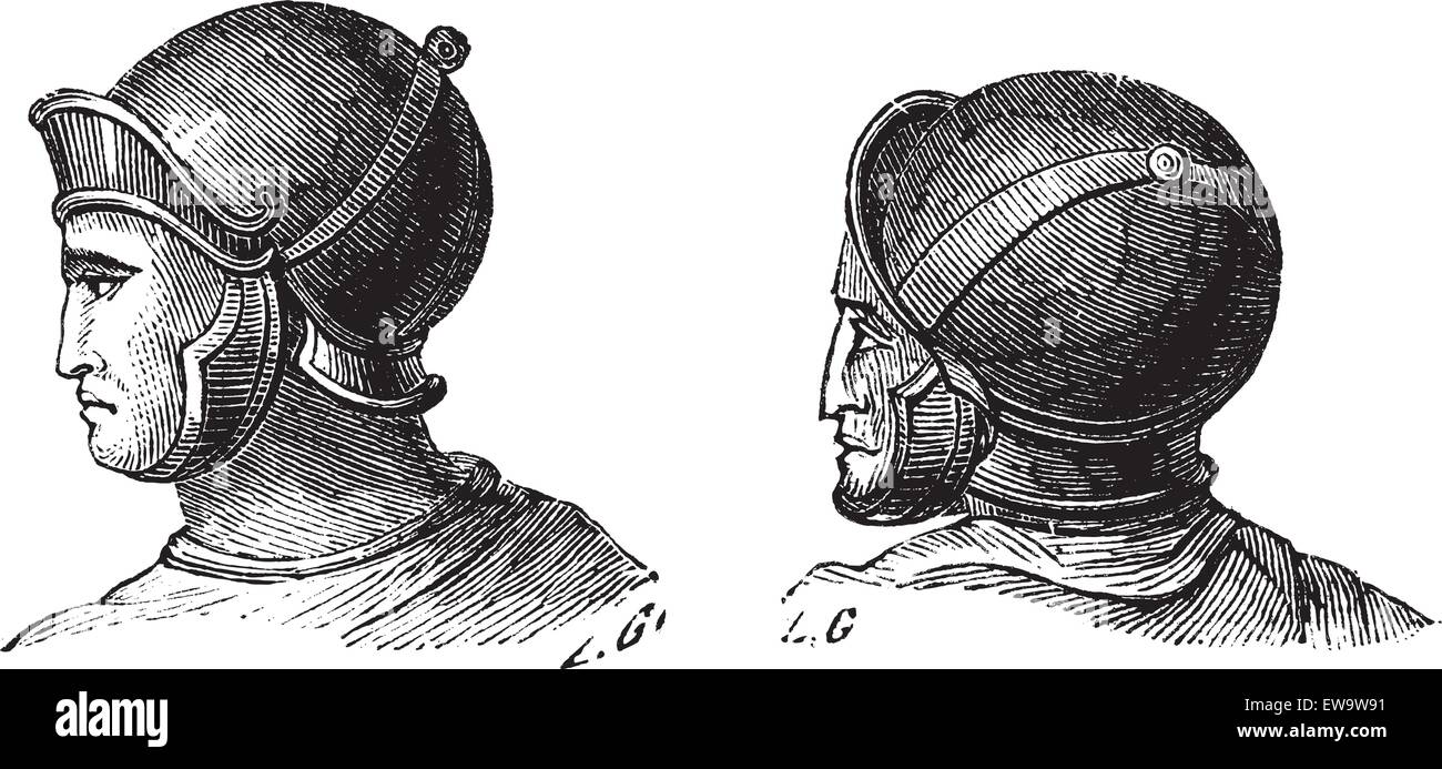 Vecchie illustrazioni incise del legionario caschi isolato su uno sfondo bianco. Enciclopedia industriale E.-O. Lami ? 1875. Illustrazione Vettoriale