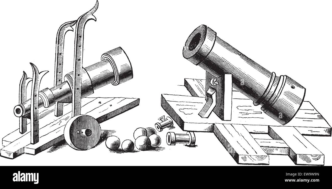 Vecchie illustrazioni incise di bombardare (arma) del xv secolo. Enciclopedia industriale E.-O. Lami ? 1875. Illustrazione Vettoriale