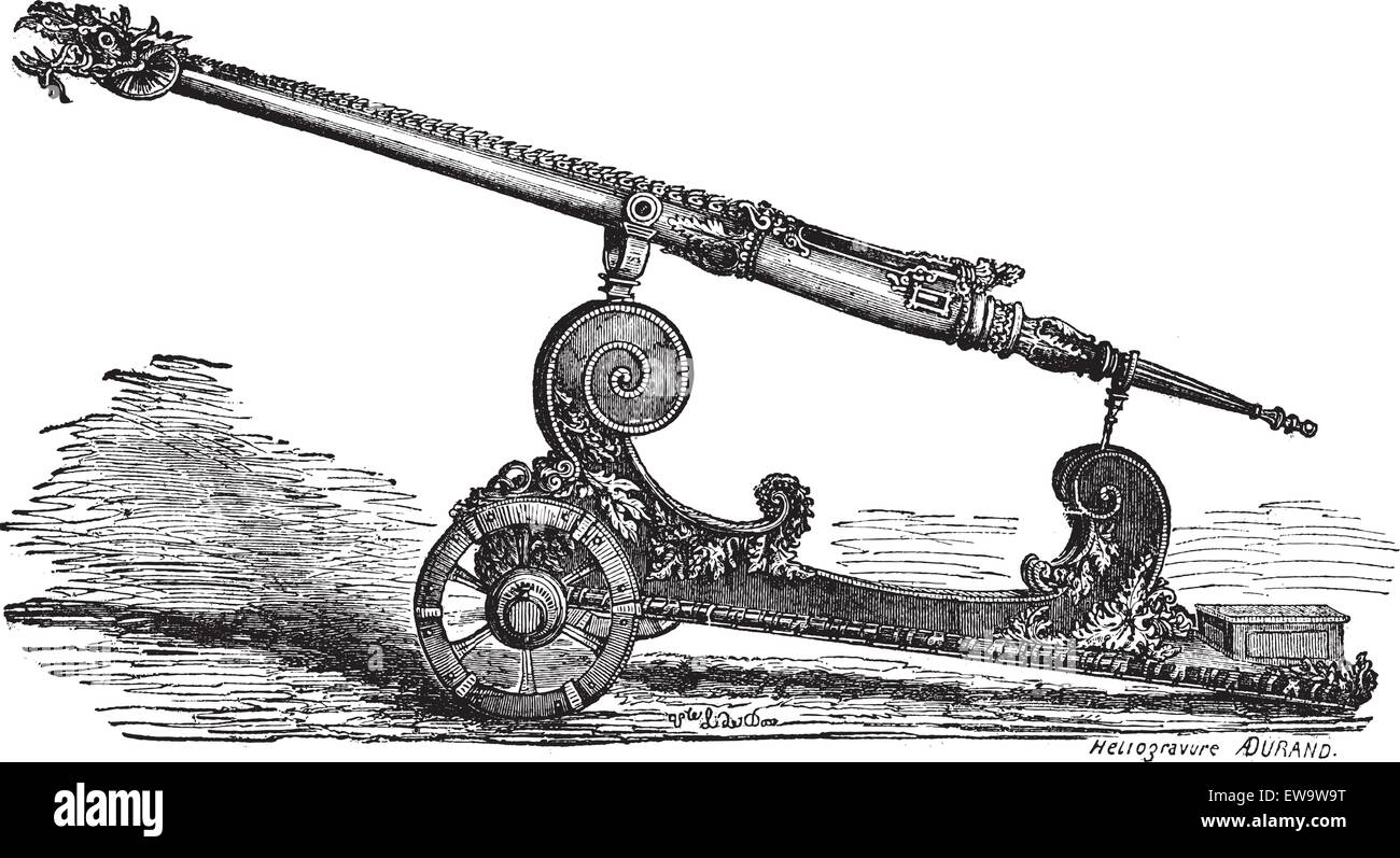 Vecchie illustrazioni incise della Falcon cannone del XVI secolo. Enciclopedia industriale E.-O. Lami ? 1875. Illustrazione Vettoriale