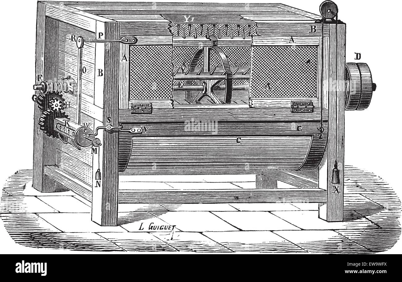 Vecchie illustrazioni incise della macchina utilizzata per elaborare la lana. Enciclopedia industriale E.-O. Lami - 1875. Illustrazione Vettoriale