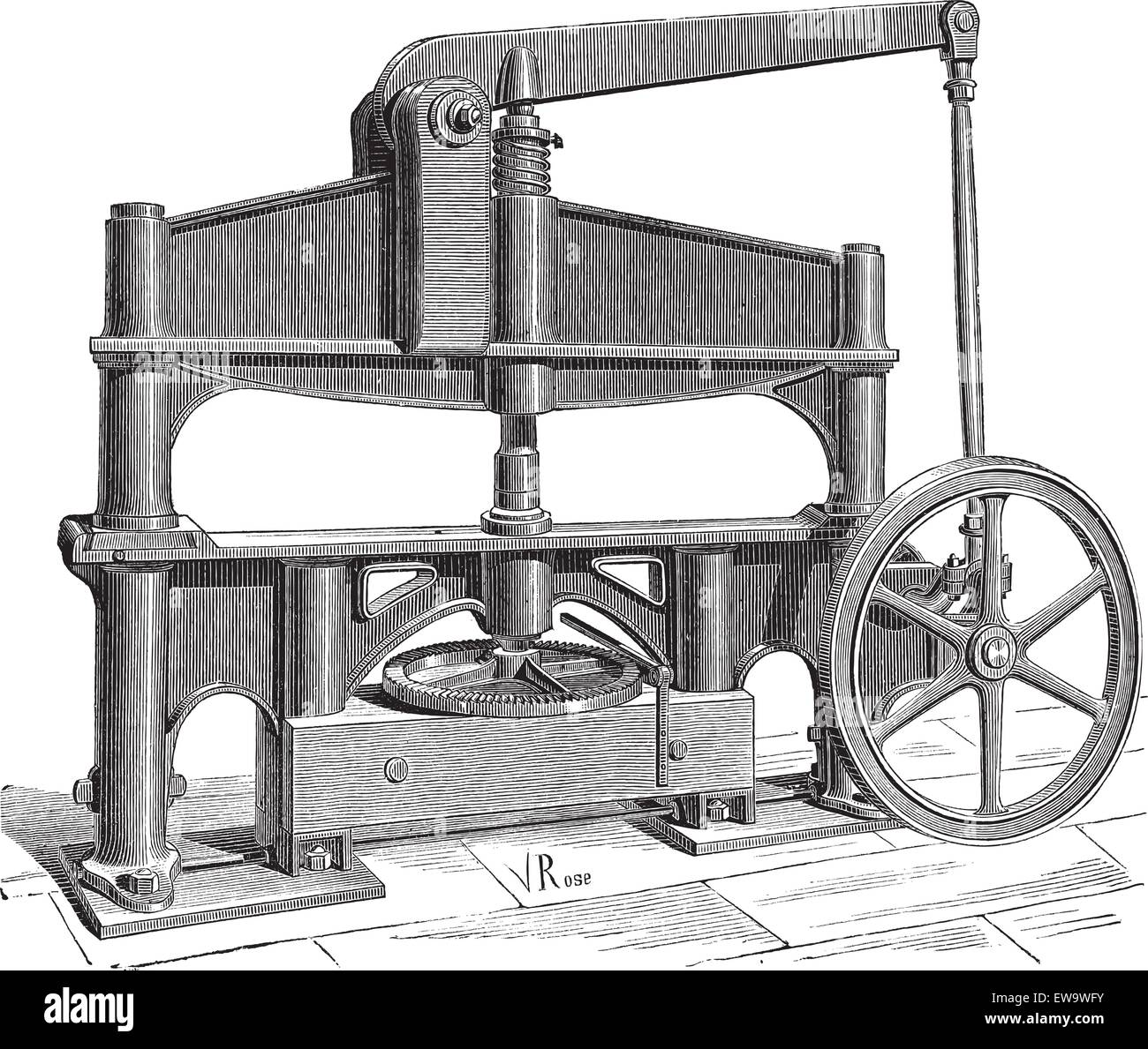 Vecchie illustrazioni incise della macchina utilizzata per elaborare il cuoio. Enciclopedia industriale E.-O. Lami - 1875. Illustrazione Vettoriale