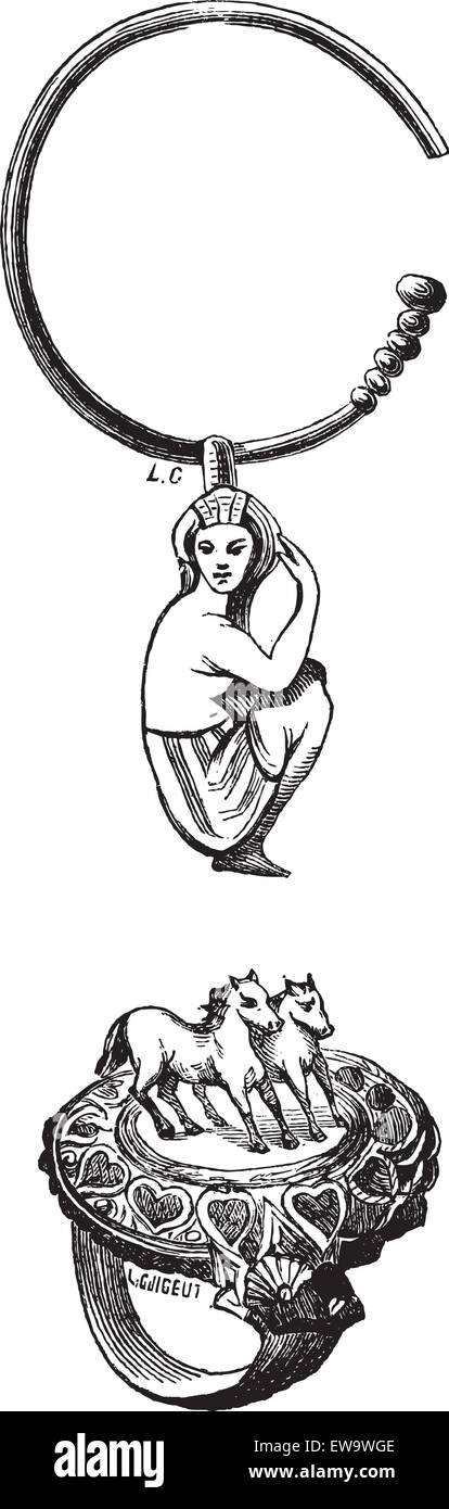 Vecchie illustrazioni incise di antichi gioielli egizi raffigurante un cavallo anello con cuori e orecchino con una donna su di esso (Louvr Illustrazione Vettoriale