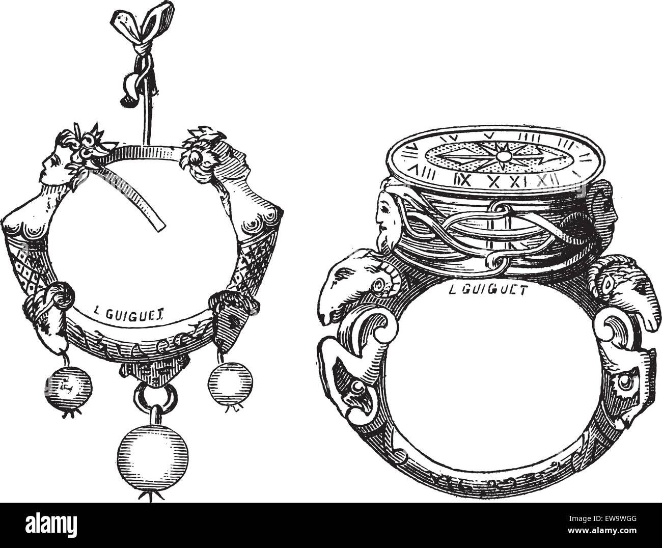 Vecchie illustrazioni incise dell'orecchino e l'anello del sedicesimo secolo dalla collezione di Pierre Woeiriot, isolato Illustrazione Vettoriale