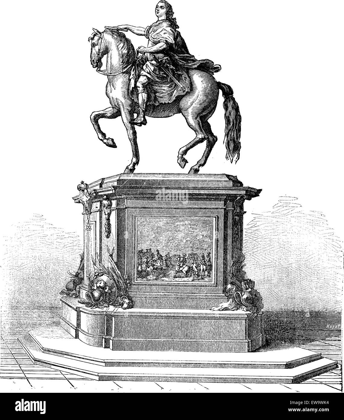 Statua di bronzo di Re Luigi XV di Francia montato su un cavallo, vintage illustrazioni incise. Enciclopedia industriale - E.O. Lami Illustrazione Vettoriale