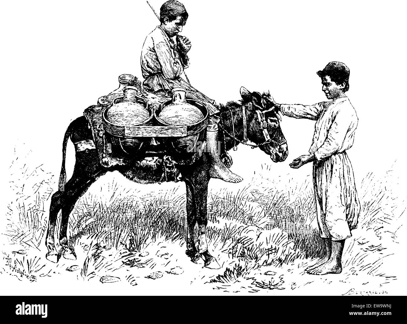 Vettore acqua dal pneumatico, Libano, vintage illustrazioni incise. Le Tour du Monde, viaggio ufficiale, 1881 Illustrazione Vettoriale