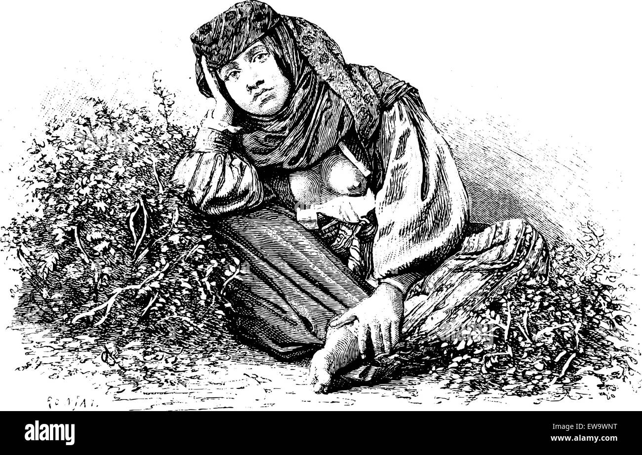 La donna da Beitin in Cisgiordania, Israele, vintage illustrazioni incise. Le Tour du Monde, viaggio ufficiale, 1881 Illustrazione Vettoriale