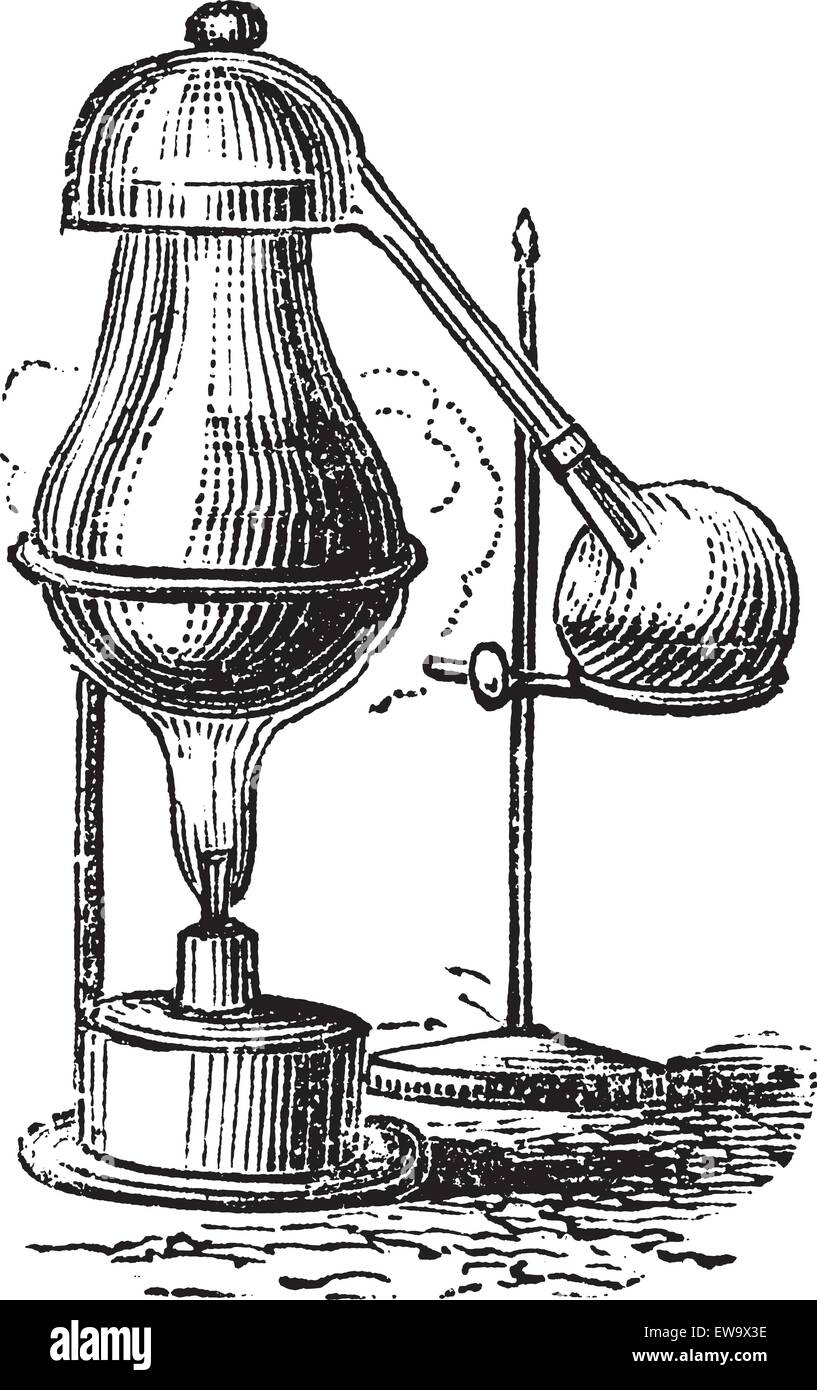 Alambicco vintage incisione. Antica illustrazione di alambicco distillazione. Illustrazione Vettoriale
