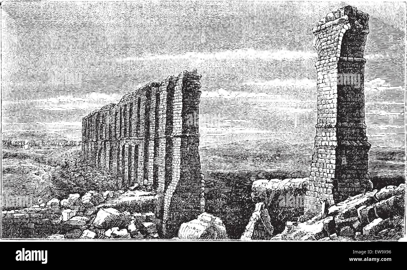 Zaghouan a Cartagine acquedotto romano rovine antiche incisione. Rovine del più lungo acquedotto romano costruito da Zaghouan a Cartagine, Illustrazione Vettoriale
