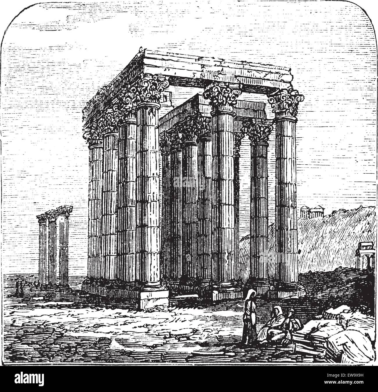 Il Tempio di Zeus Olimpio, Olympieion o colonne di Zeus Olimpio, greco, Atene. Incisione vintage. Vecchio illustra inciso Illustrazione Vettoriale