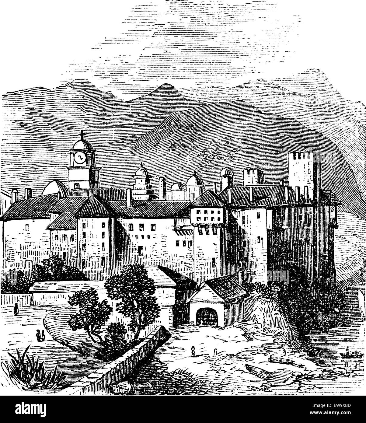 Monte Athos, la montagna Santa, Akté, Acte o Akte, Macedonia, Grecia. Incisione vintage. Vecchia illustrazione incisa del Monte Athos. È una montagna e una penisola in Macedonia, Grecia. Illustrazione Vettoriale