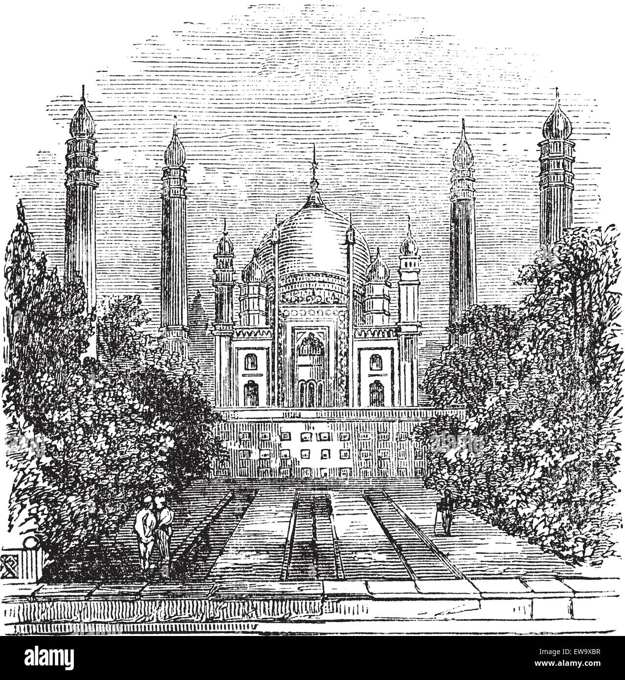 La Moschea Badshahi a Lahore, Pakistan, durante il 1890s, vintage incisione. Vecchie illustrazioni incise della moschea Badshahi mostra c Illustrazione Vettoriale