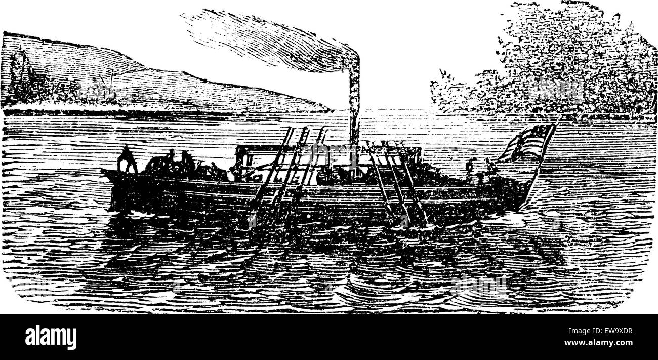 Battello a vapore o l'esperimento di steamboat da John Fitch nel 1786, STATI UNITI D'AMERICA, vintage incisione. Vecchie illustrazioni incise del vapore Illustrazione Vettoriale