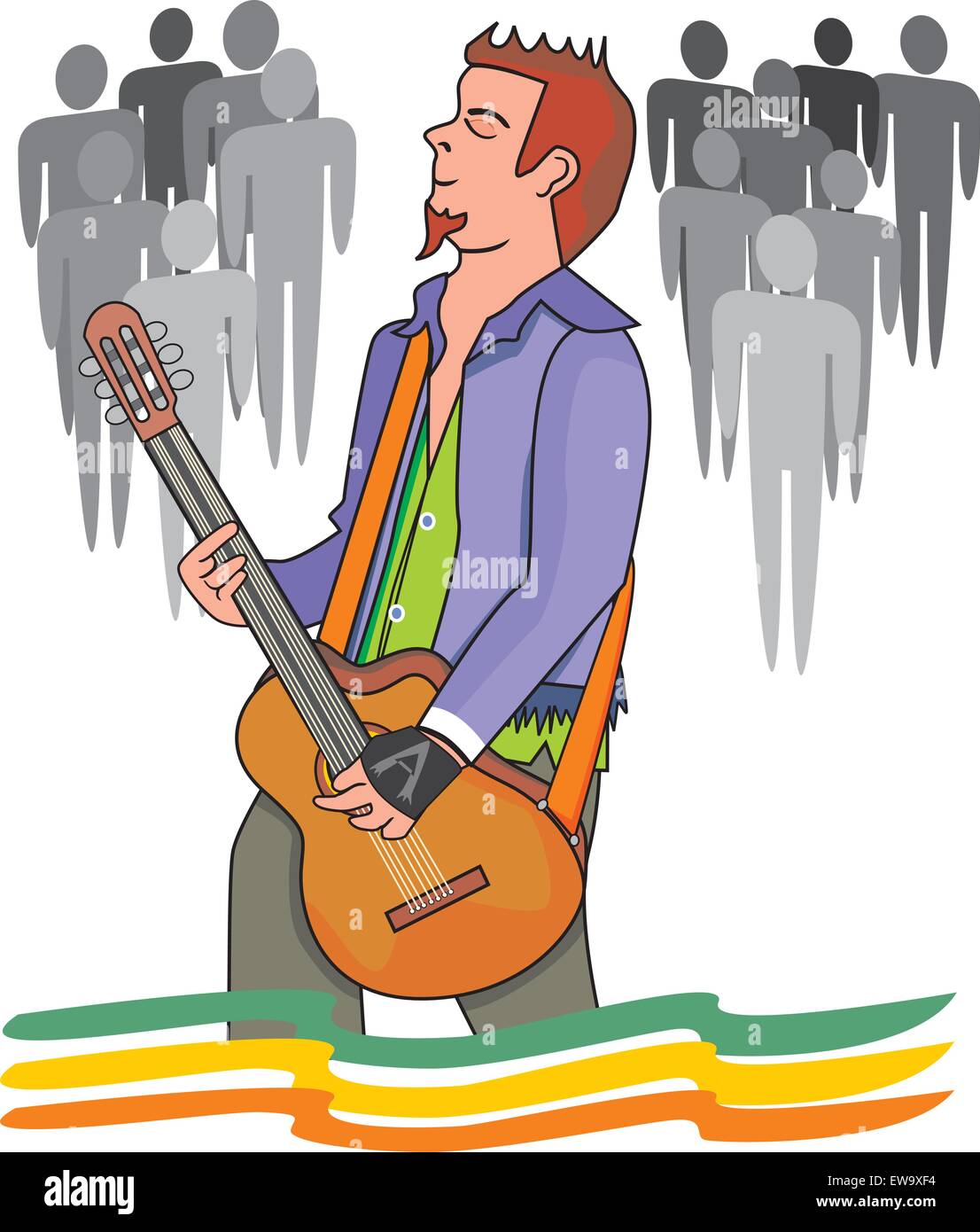 Uomo a suonare la chitarra, di fronte a un pubblico, illustrazione vettoriale Illustrazione Vettoriale