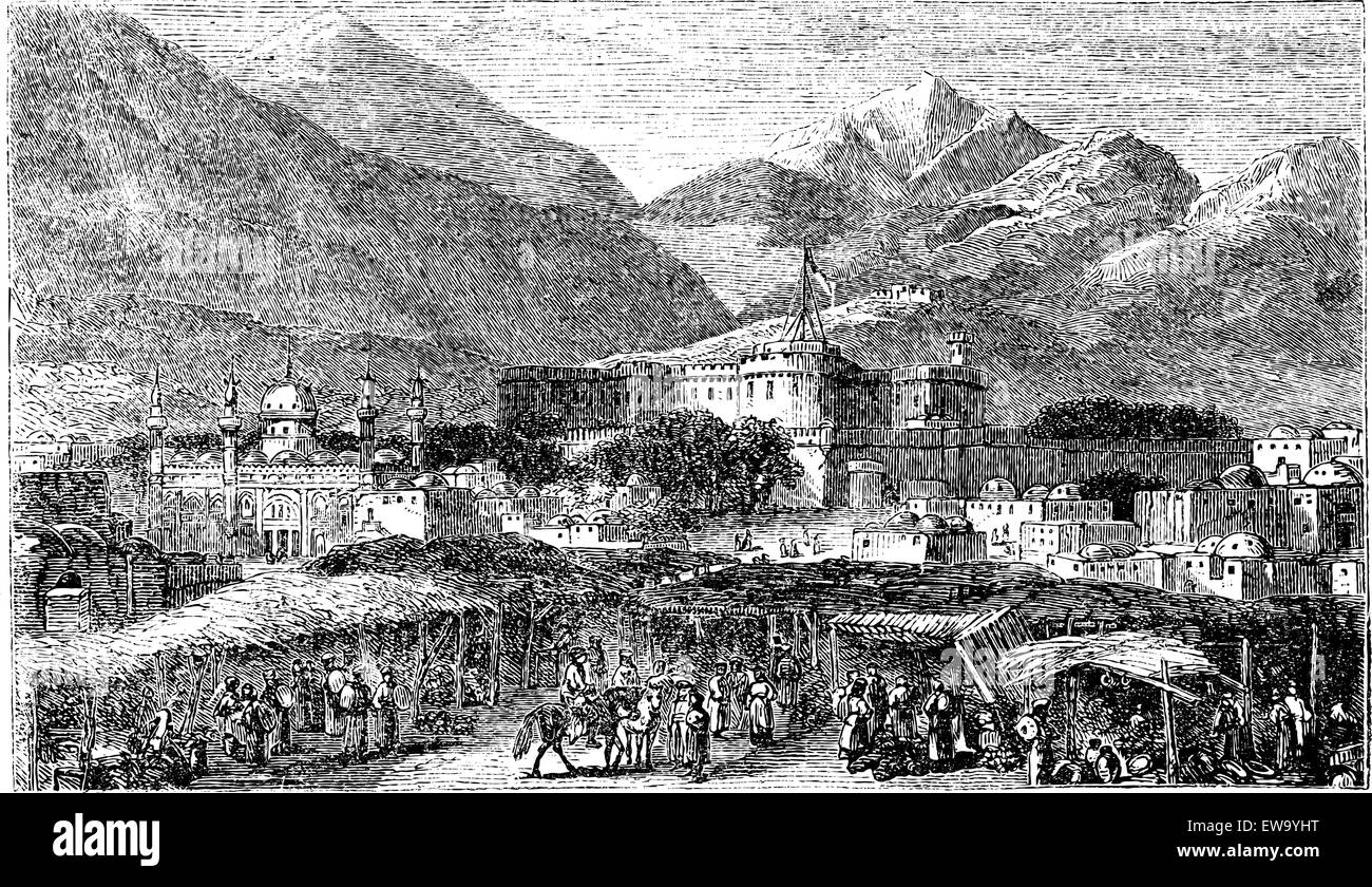 Kandahar città capitale di provincia Afghanistan vintage incisione. Vecchie illustrazioni incise di montagne e di struttura residenziale Illustrazione Vettoriale