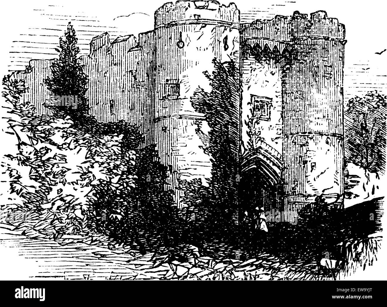 Il castello di Carisbrooke, Isle of Wight, Regno Unito (Inghilterra) incisione vintage. Vecchio illustrationg inciso di Carisbrooke castle. Illustrazione Vettoriale