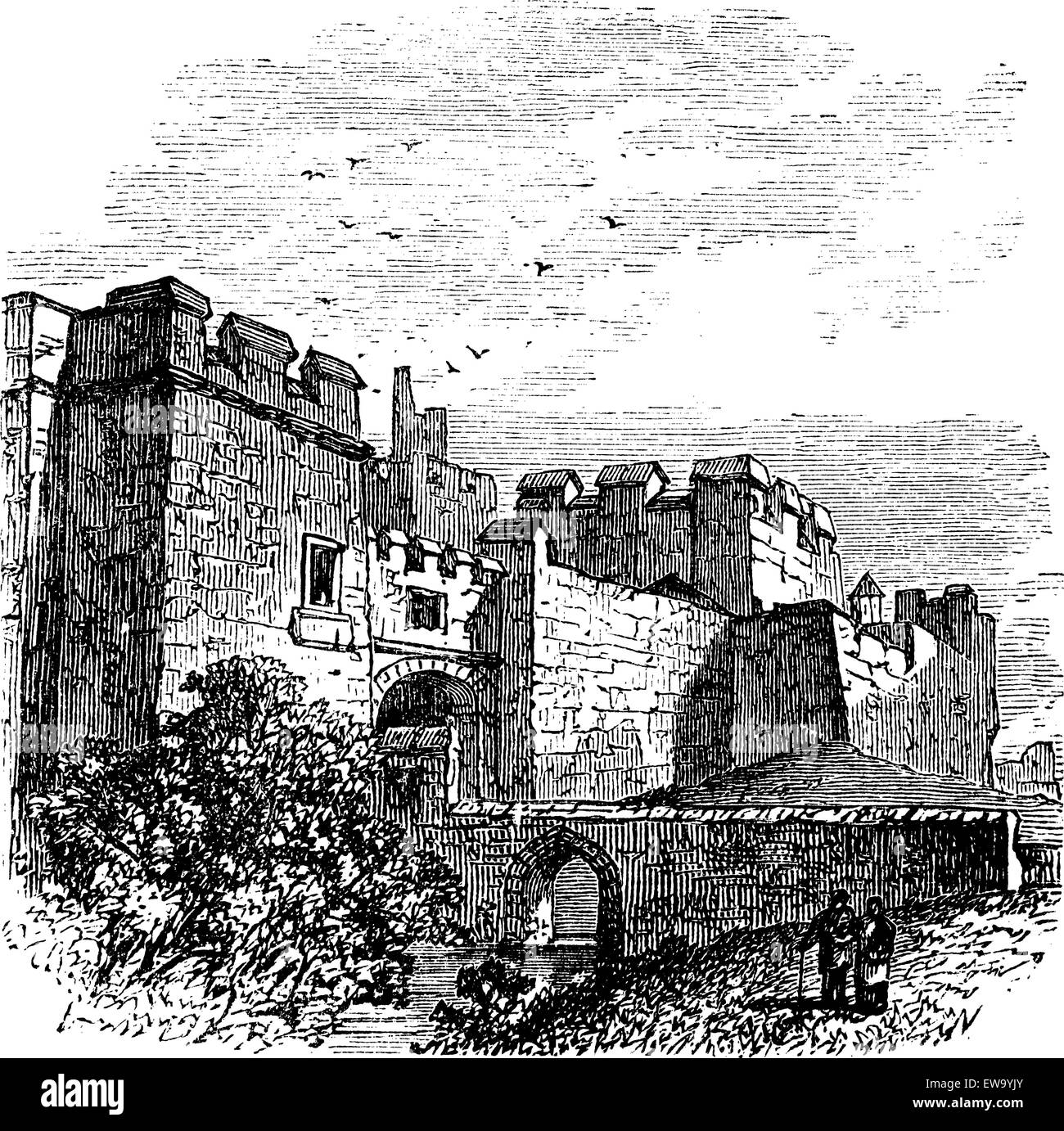 Entrata del castello Carlisle, Carlisle, contea di Cumbria, Regno Unito vintage incisione, 1890s. Vecchio illustrat inciso Illustrazione Vettoriale