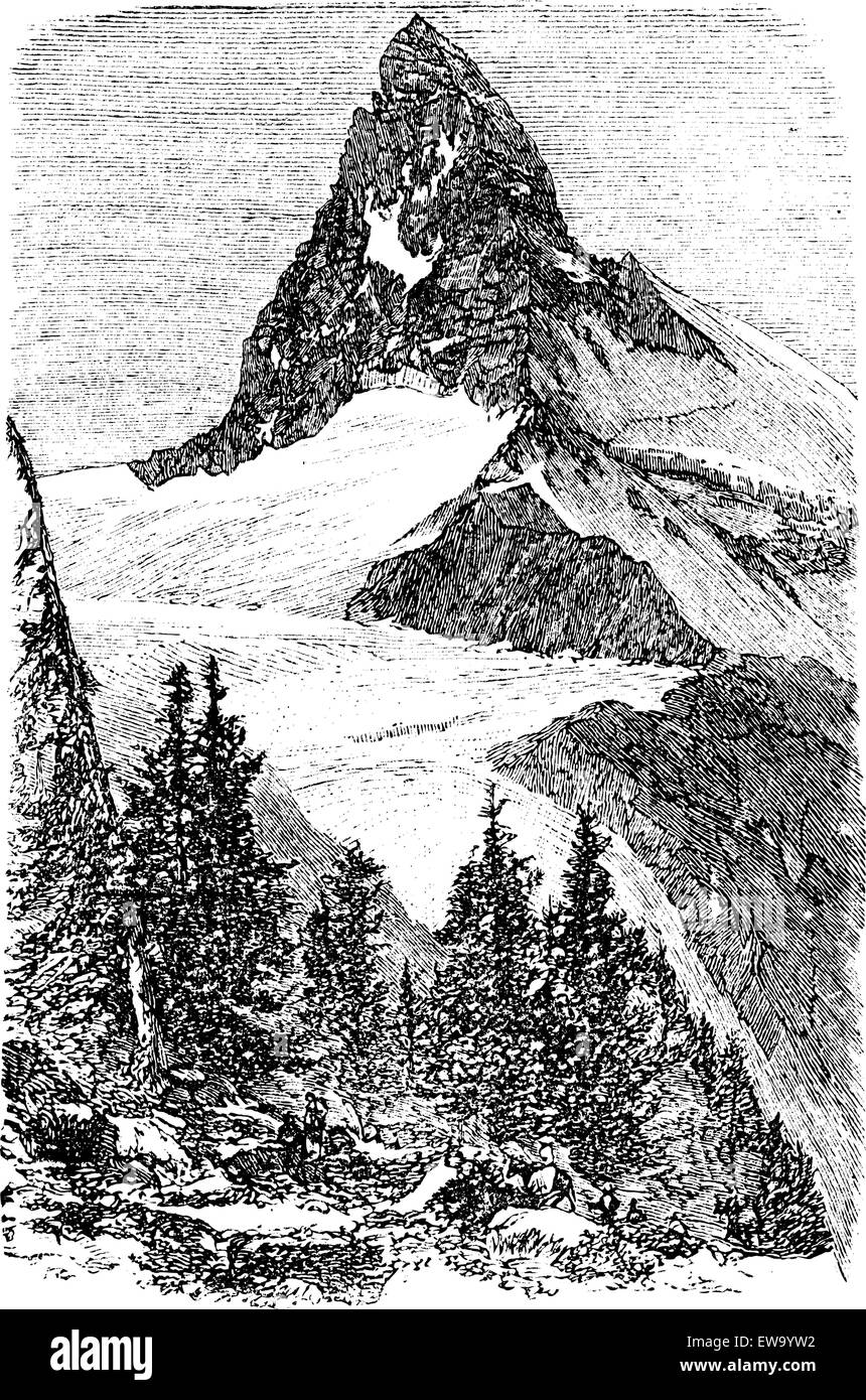 Il monte Cervino o il Monte Cervino, Zermatt, Svizzera vintage incisione. Vecchie illustrazioni incise della bella Matterh Illustrazione Vettoriale