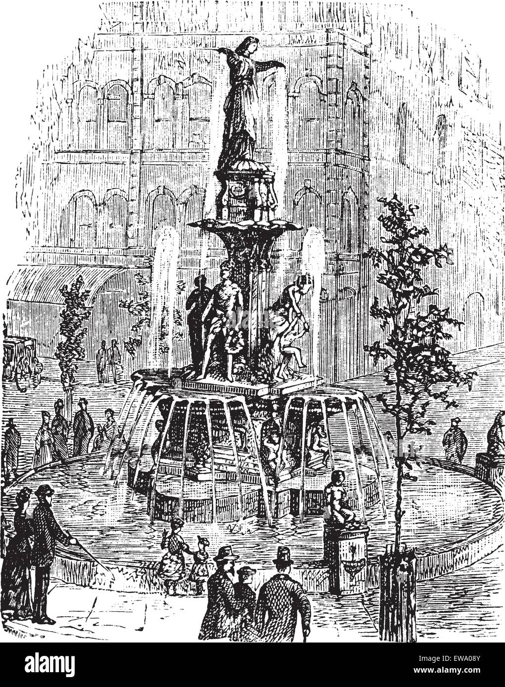Tyler Davidson fontana o Genius di acqua o la Signora o la Fontana di Cincinnati, Ohio, Stati Uniti d'America, durante il 1890s, engr vintage Illustrazione Vettoriale