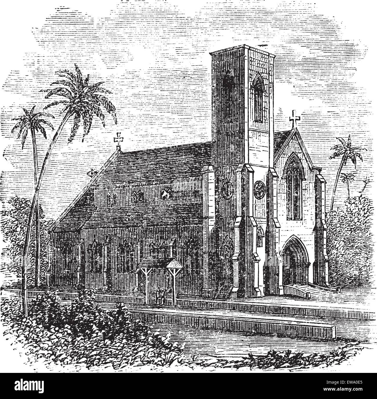 Saint Lucia cattedrale, in Colombo, Sri Lanka, durante il 1890s, vintage incisione. Vecchie illustrazioni incise di Saint Lucia Cath Illustrazione Vettoriale