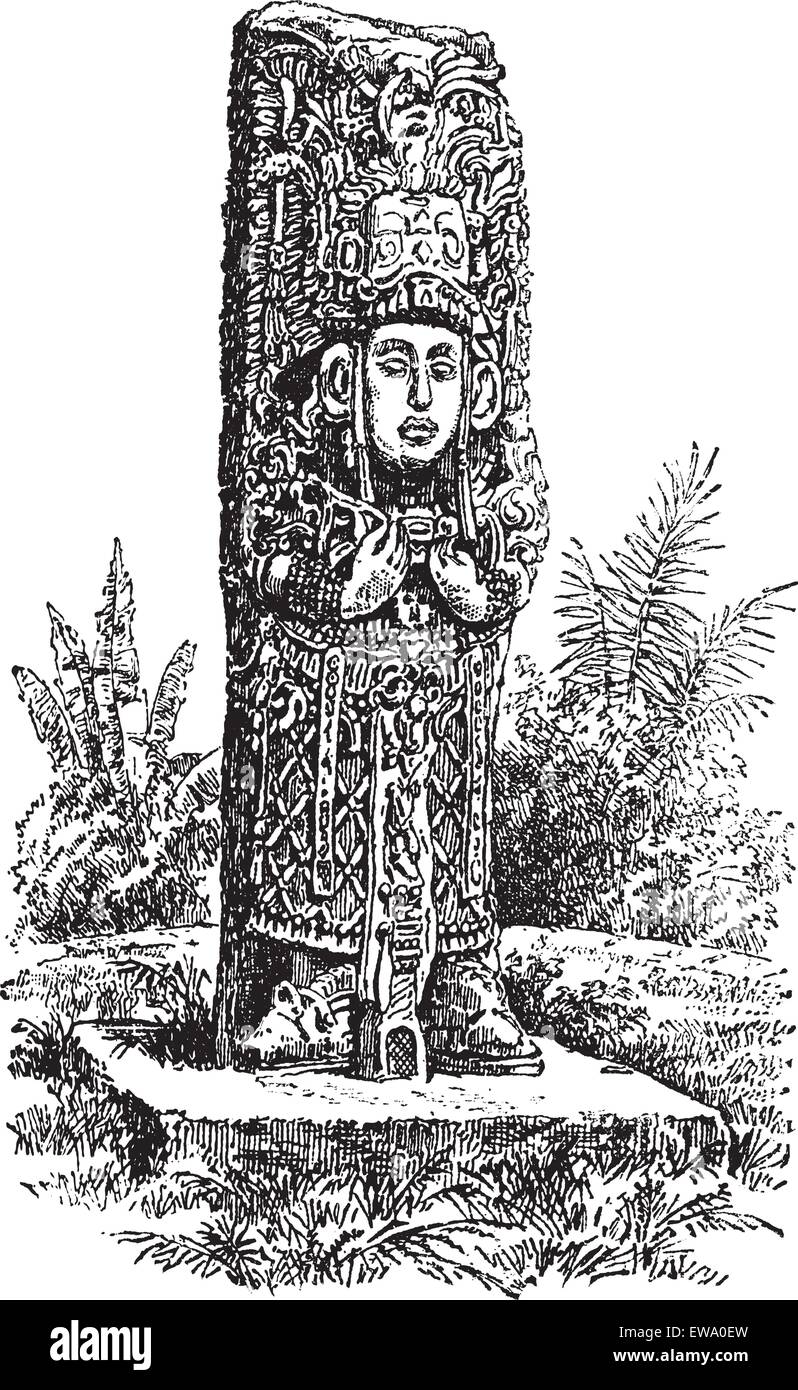 Copan monolito in Honduras, durante il 1890s,incisione vintage. Vecchie illustrazioni incise di Copan monolite. Illustrazione Vettoriale