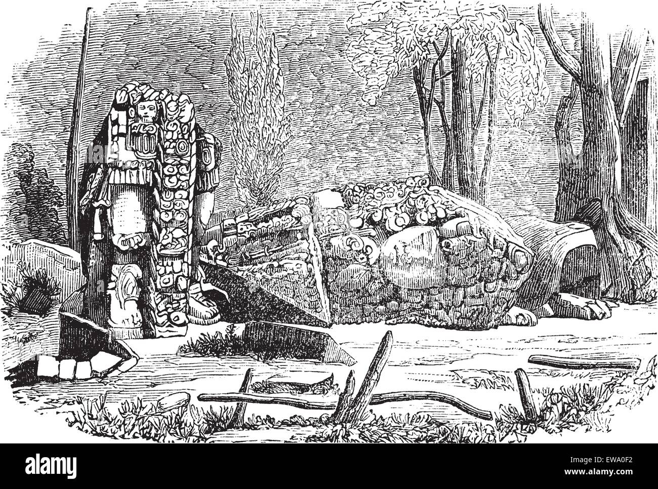 Copan in Honduras, durante il 1890s,incisione vintage. Vecchie illustrazioni incise di Copan mostra stele scultura. Illustrazione Vettoriale