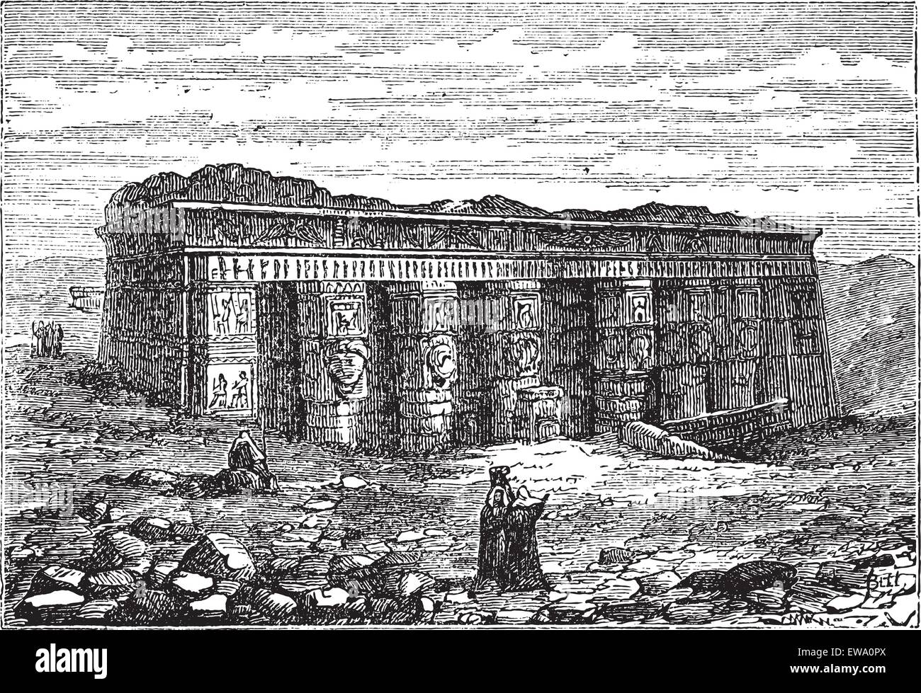 Tempio di Hathor a Dendera, Egitto, durante il 1890s, vintage incisione. Vecchie illustrazioni incise del tempio di Hathor. Illustrazione Vettoriale