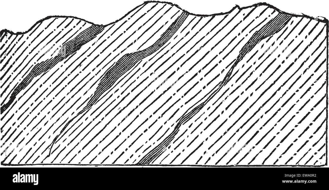 Vena geologica, illustrazione che mostra gneiss (non ombreggiate) separati diagonalmente da auriferous quarzo (ombreggiato), vintage incisi ill Illustrazione Vettoriale