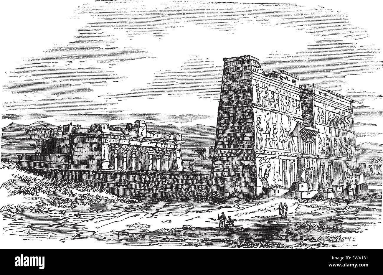 Edfu in Aswan, Egitto, durante il 1890s, vintage incisione. Vecchie illustrazioni incise di Edfu. Illustrazione Vettoriale