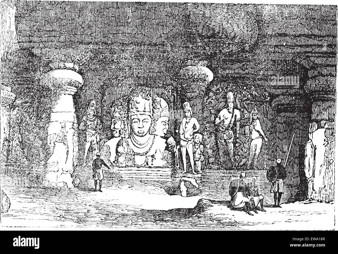 Elephanta in una caverna nel Maharashtra, India, durante il 1890s, vintage incisione. Vecchie illustrazioni incise di una grotta di Elephanta showin Illustrazione Vettoriale