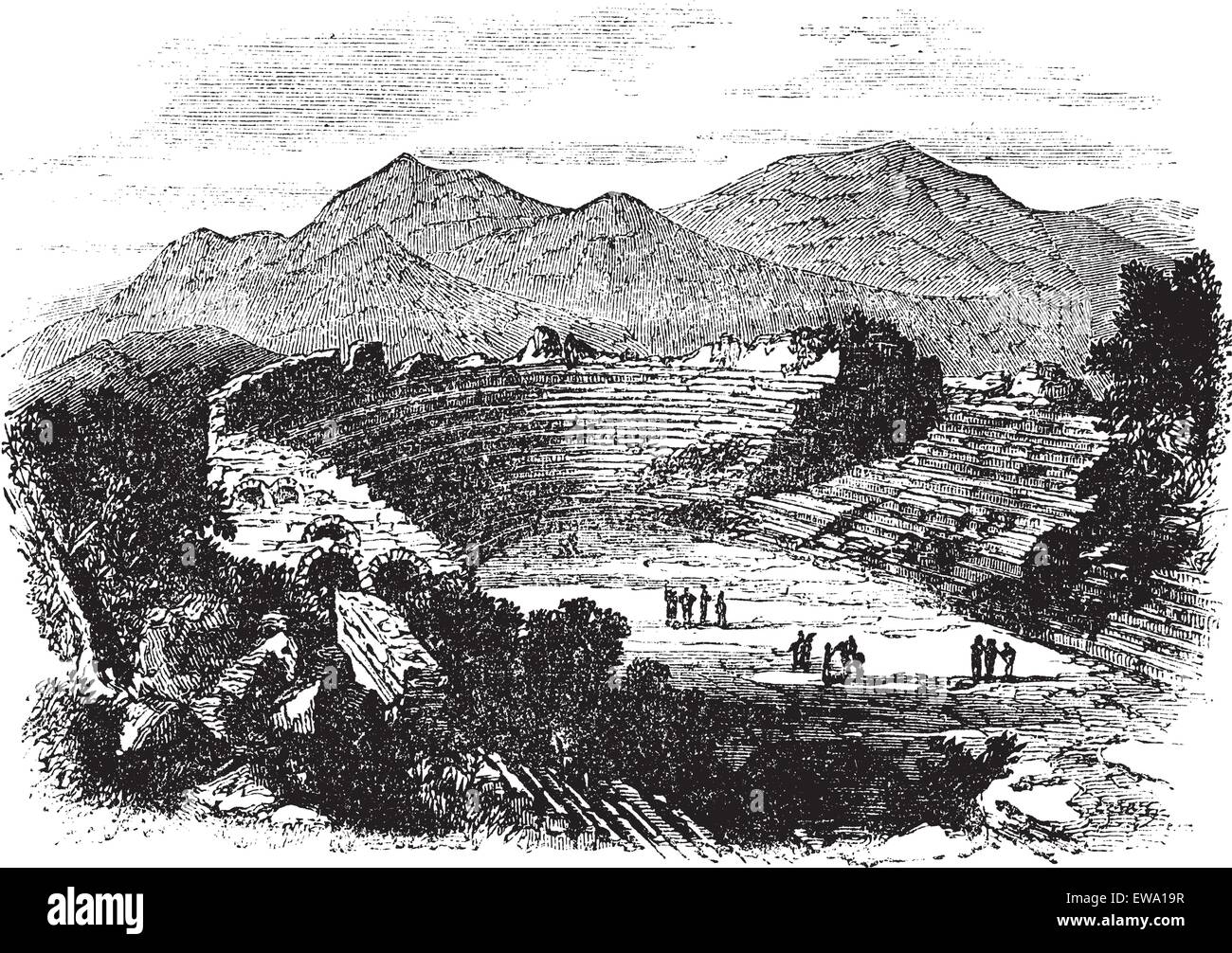 Efeso Izmir, Turchia, durante il 1890s, vintage incisione. Vecchie illustrazioni incise di Efeso che mostra il teatro rimane. Illustrazione Vettoriale