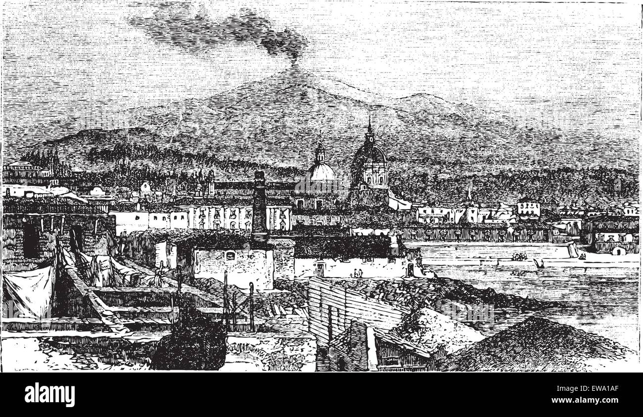 Etna in Sicilia, l'Italia, durante il 1890s, vintage incisione. Vecchie illustrazioni incise dell'Etna visto da Catania Illustrazione Vettoriale
