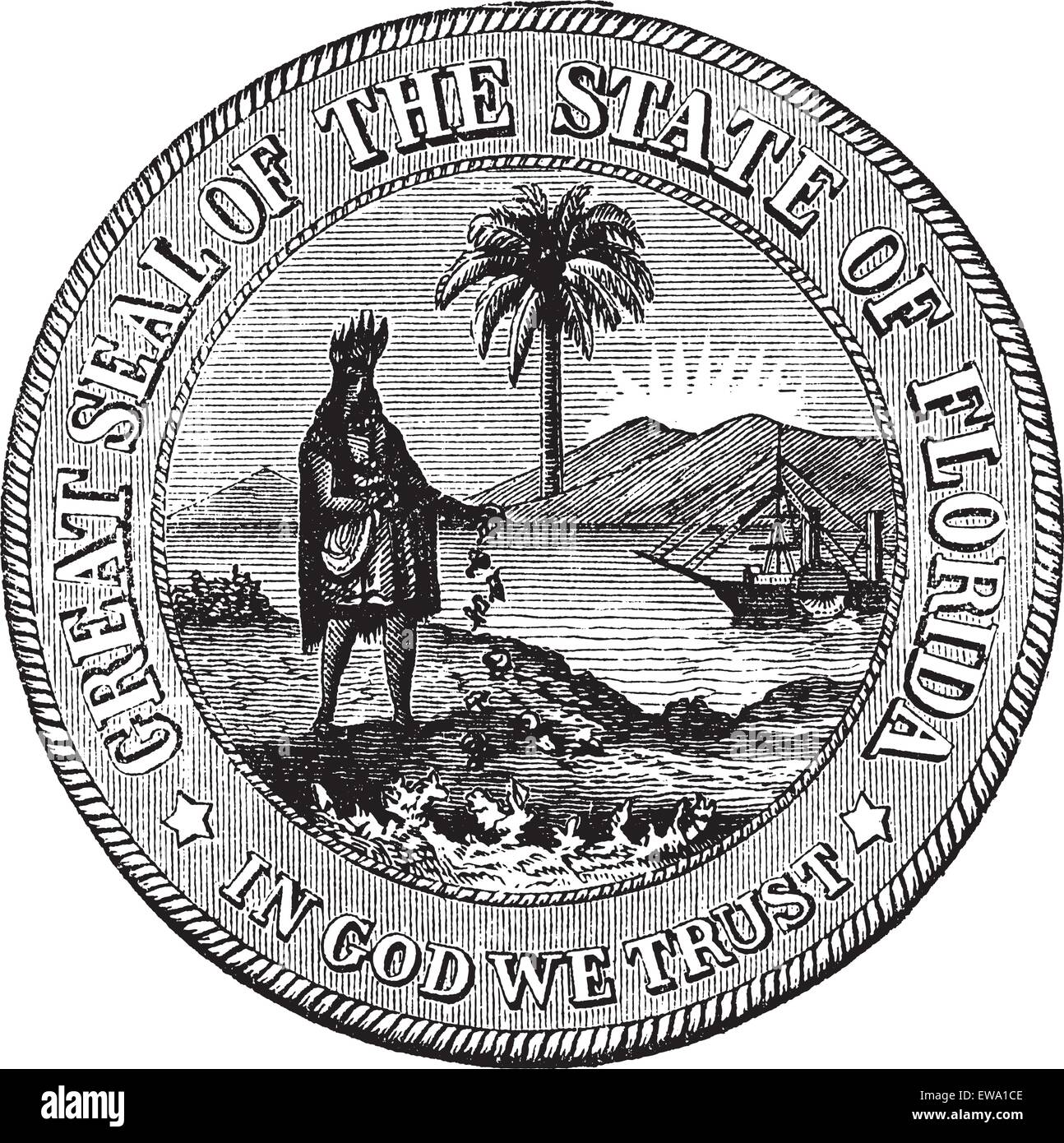 Guarnizione di tenuta della Florida, Stati Uniti d'America, vintage illustrazioni incise. Trousset enciclopedia (1886 - 1891). Illustrazione Vettoriale